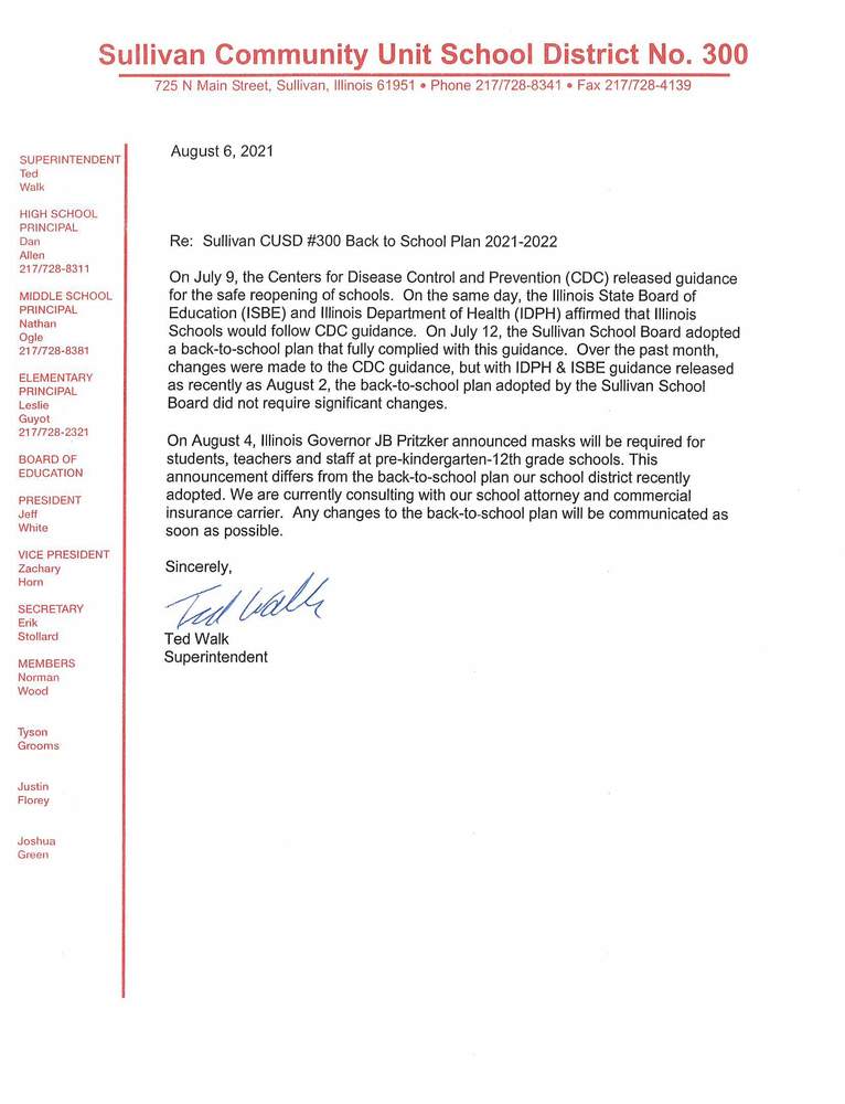 Back to School update - 8/6/2021