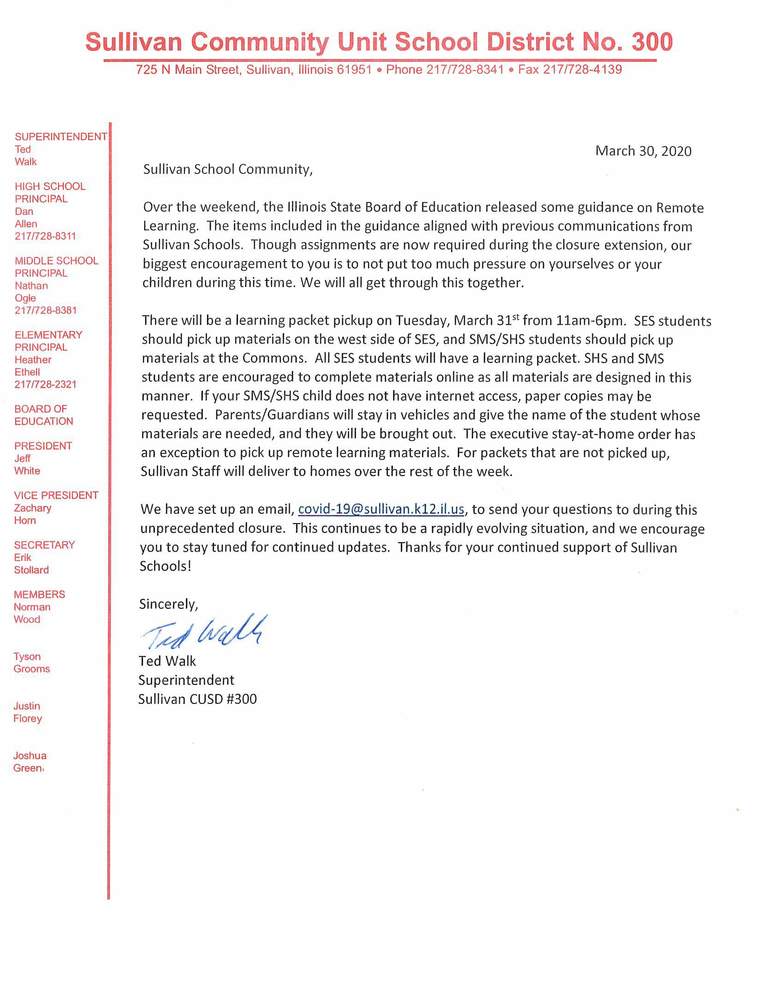 March 30, 2020 -Update from Superintendent Mr. Walk
